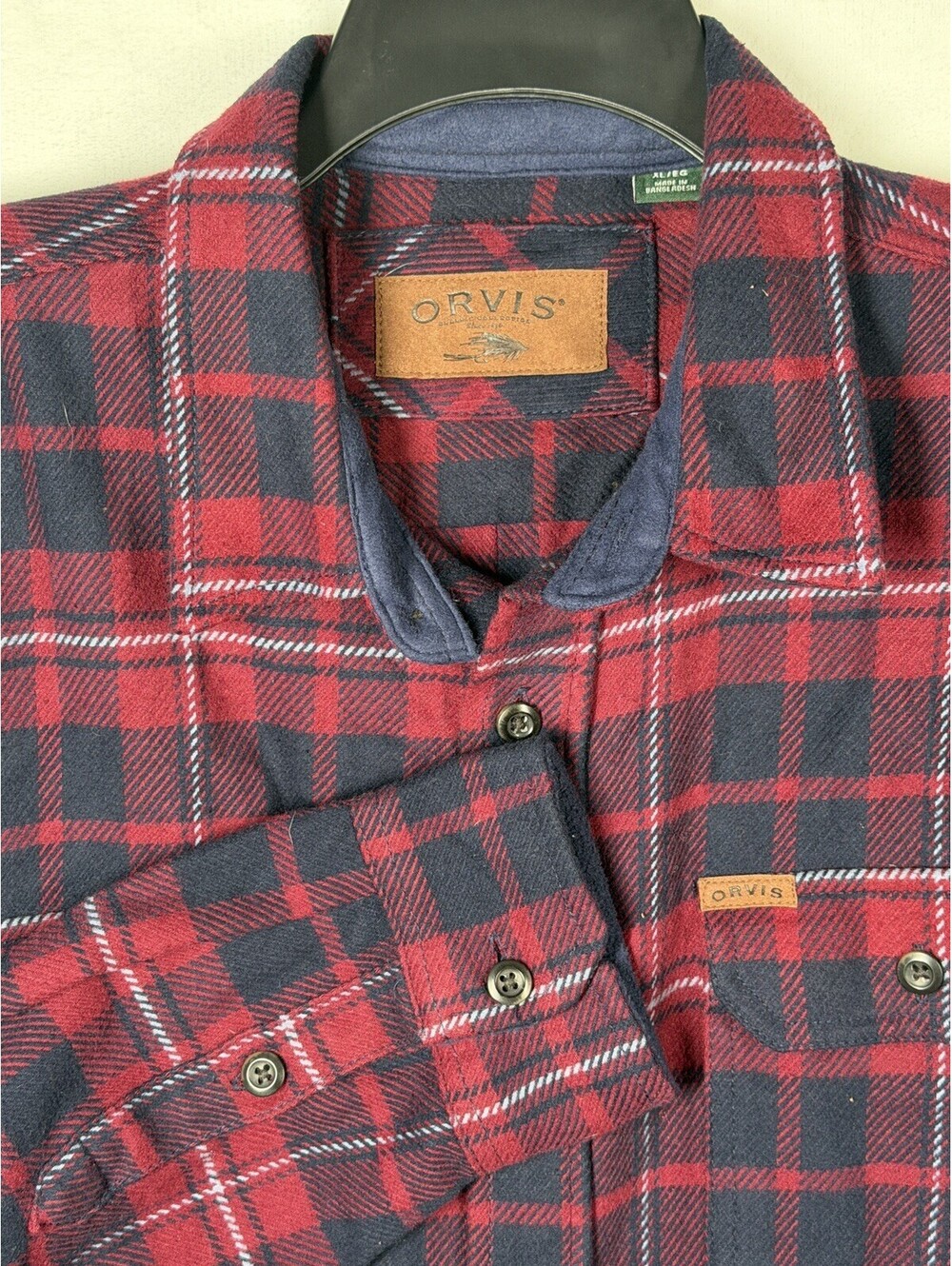 ORVIS Mens XL Plaid Shacket Heavyweight Flannel Red Shirt Jacket Cotton Pockets